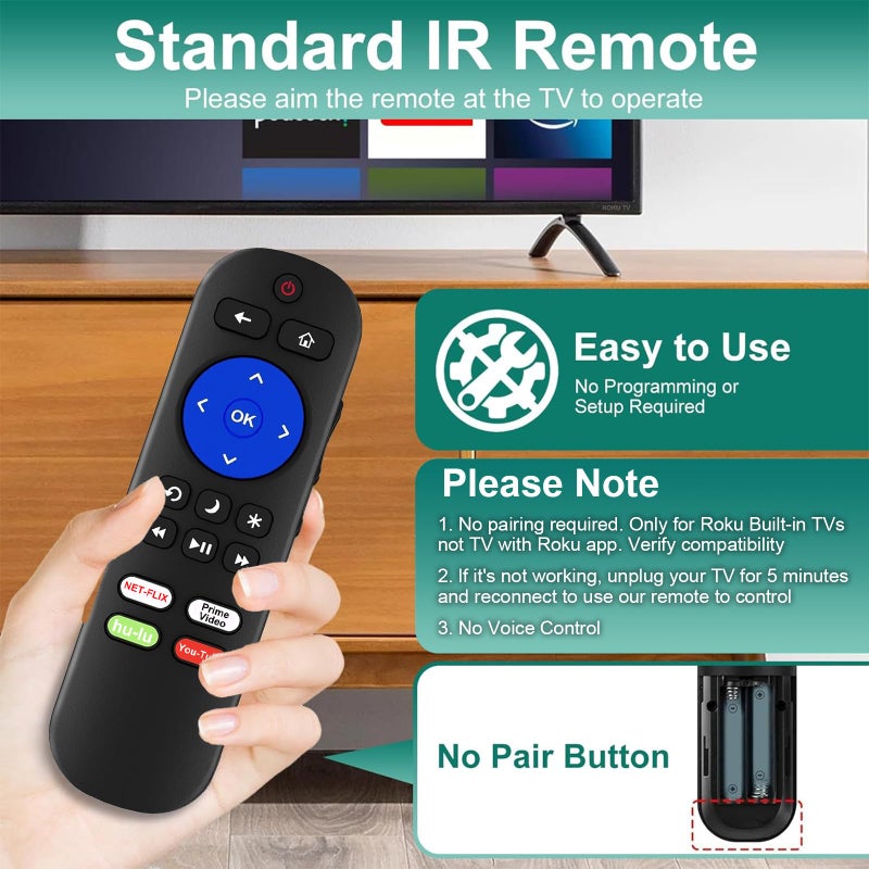 Yimaut Pack of 2 IR Remote Only for Roku Built-in TV Remote,for Hisense/TCL/Onn/Element/Sharp/Haier/Hitachi/LG/Sanyo/JVC/Magnavox/RCA/Philips/Westinghouse Roku Series Smart TV, Not for Others Roku or TV - Image 4